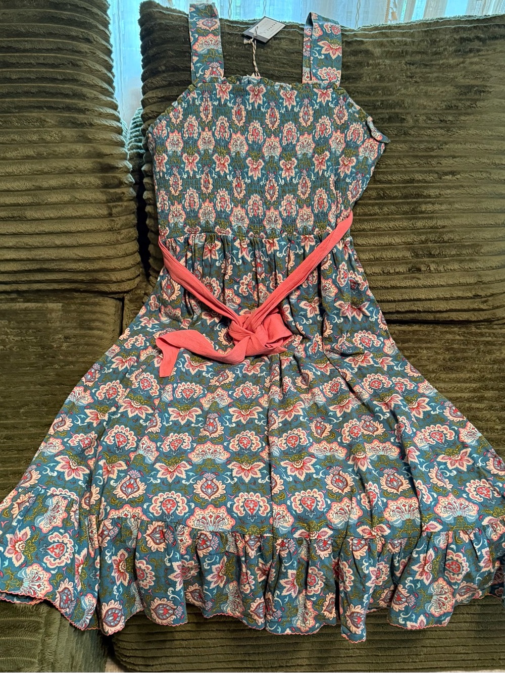 Women’s Large Matilda Jane Teal Floral Sundress with Pink Belt NWT $98